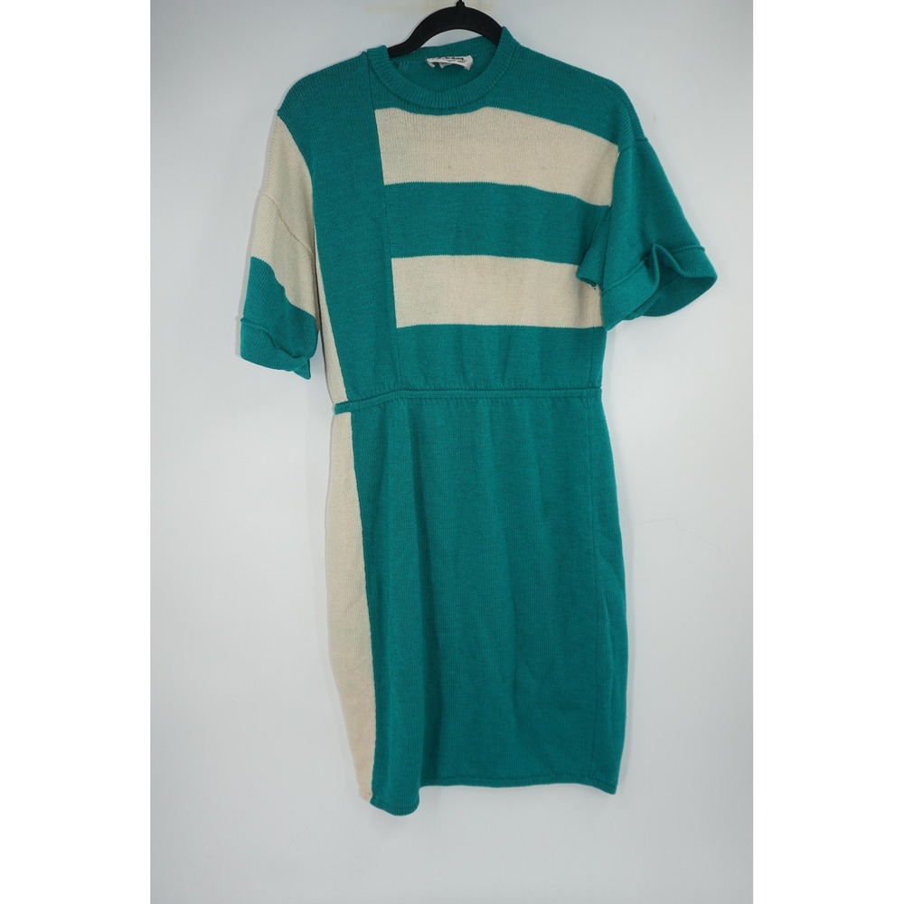 Vintage St John By Marie Gray Dress Women's 8 Teal Cream Knit Colorblock 80s